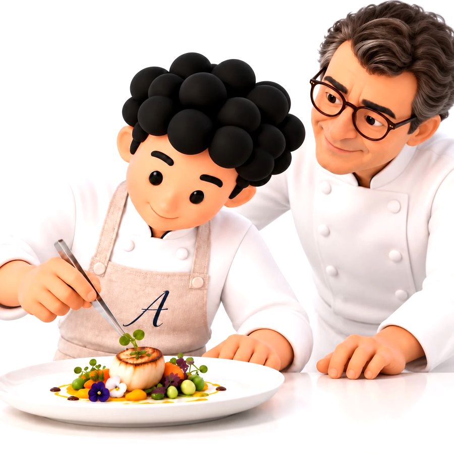 Un jeune chef dresse son assiette, sous le regard de Yannick Alléno